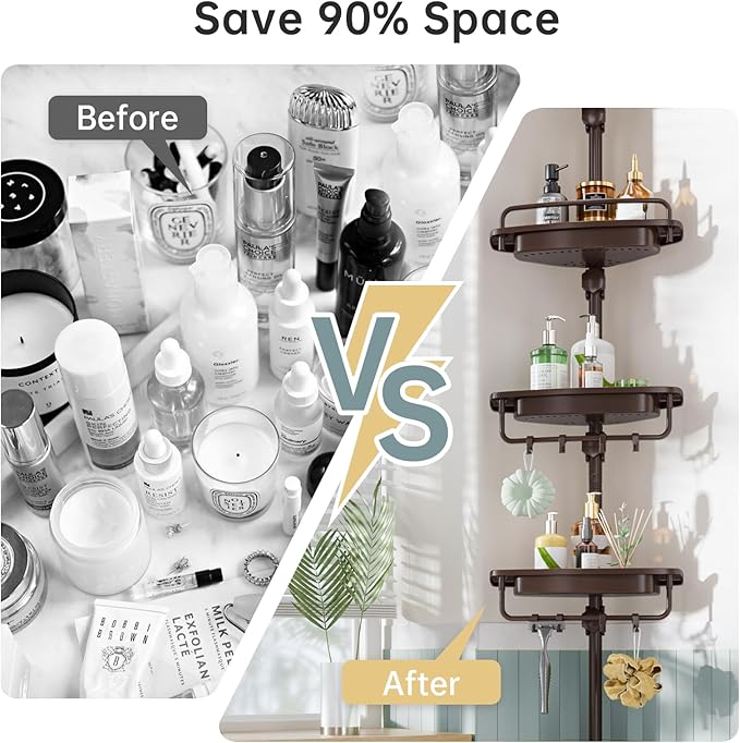 Corner Shower Caddy Tension Pole Brown Shower Caddy 18/8 Stainless Steel Rustproof 4 Tier Adjustable Shower Organizer Bathroom Shelves Storage Rack 32-122inch