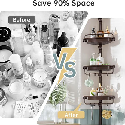 Corner Shower Caddy Tension Pole Brown Shower Caddy 18/8 Stainless Steel Rustproof 4 Tier Adjustable Shower Organizer Bathroom Shelves Storage Rack 32-122inch