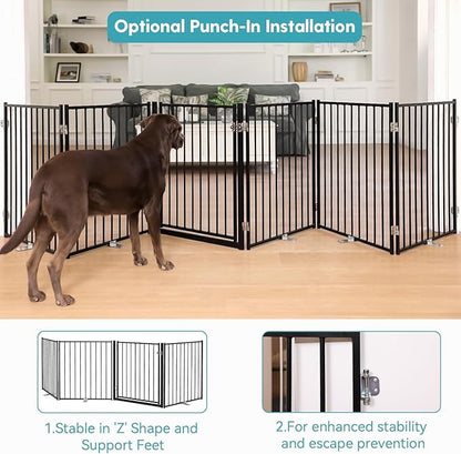 No Pawblems Free Standing Dog Gate with Door, 30'' Tall Foldable Dog Fence for Indoor & Outdoor, Up to 156 Inch Extra Wide Puppy Gate for Stairs, Hallways, Doorways, Deck, Yard (Black, 6 Panels)