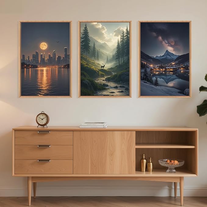 Large Modern City Moon Framed Canvas Wall Art,Forest Misty Wall Decor,Winter Town Night Wall Painting,Nature Landscape Picture Artwork for Living Room,Bedroom,Dining Room,Office -16"x24"x3
