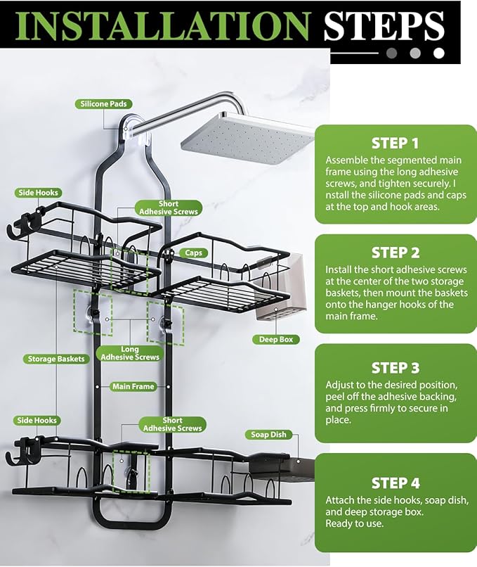 Shower Caddy Hanging, Rustproof Shower Organizer Over Showerhead with Hooks for Razor & Sponge, Bathroom Storage Rack with Soap Holder for Shampoo