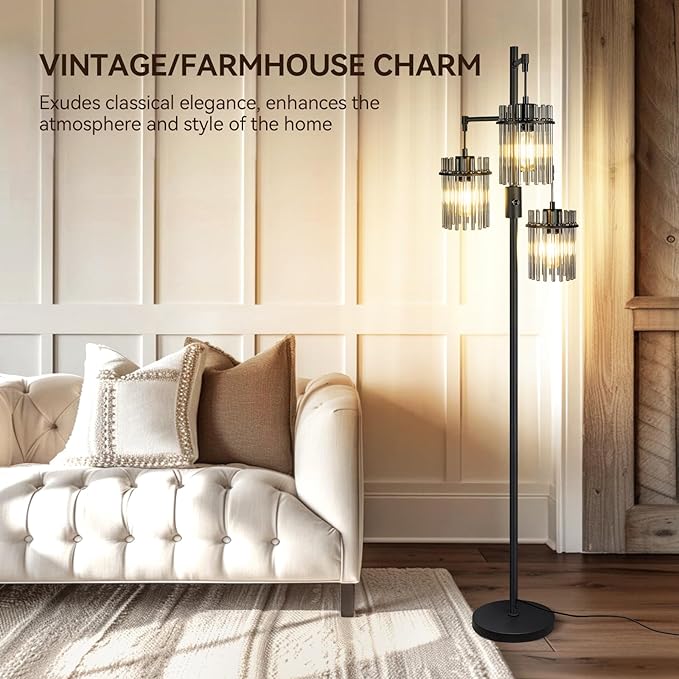 Industrial Modern Floor Lamps for Living Room, Dimmable Glass Tree Standing Tall Lamps with 3 Elegant Teardrop Cage Head & 800 Lumens LED Bulbs for Bedroom Office (66inch Tall)
