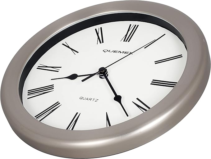 JUSTIME 8.5 inch Brushed Metal Water Resistant Wall Clock, Special for Small Space, Office, Boats, RV (WM86-BN-R Brushed Nickel)