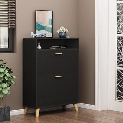 Shoe Storage Cabinets, 16 Pairs Free Standing Shoe Organizer with 2 Flip Drawers for Entryway, Narrow 3 Tier Entryway Hidden Shoe Rack with Doors (Dark Black)