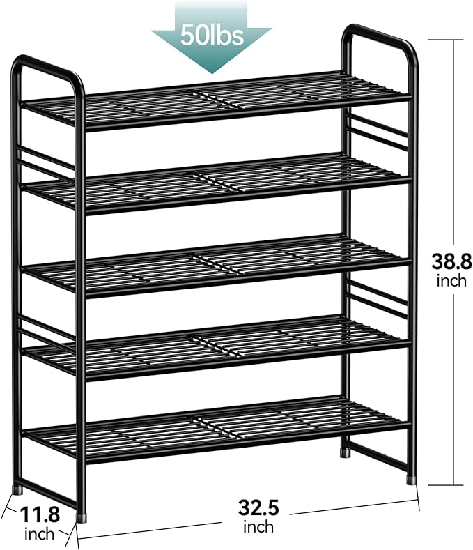 SUFAUY Shoe Rack for Closet, 5 Tier 33" Wide Shoe Storage Shelf for Entryway Bedroom, Stackable, Metal Frame, Black