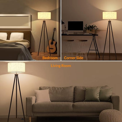 LEPOWER Wood Tripod Floor Lamp, Mid Century Standing Lamp for Living Room, Flaxen Lamp Shade, Modern Design Standing Lamp with E26 Lamp Base, Tall Floor Lamp for Bedroom, Study Room and Office Walnut