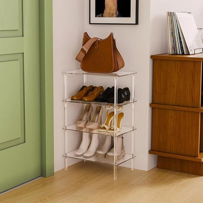 Aquiver Acrylic Small Shoe Rack - 18.1'' L x 11.8'' W x 28.5'' H - 4 Tier Shoe Rack for Front Door Entrance, Entryway, and Closet - Shoe Organizer Narrow Shoe Storage Shelf (Clear)