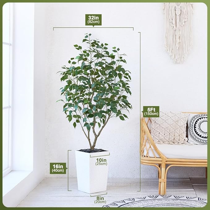 5ft Tall Artificial Ficus Tree in White Planter with Pebbles | UV Resistant Faux Tree for Indoor & Outdoor | Realistic Floor Plant Decor for Home, Office (VN128)