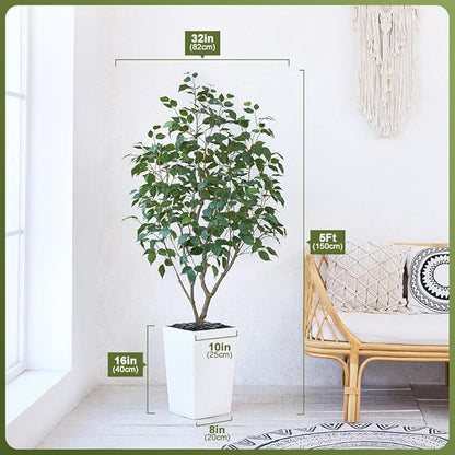 5ft Tall Artificial Ficus Tree in White Planter with Pebbles | UV Resistant Faux Tree for Indoor & Outdoor | Realistic Floor Plant Decor for Home, Office (VN128)