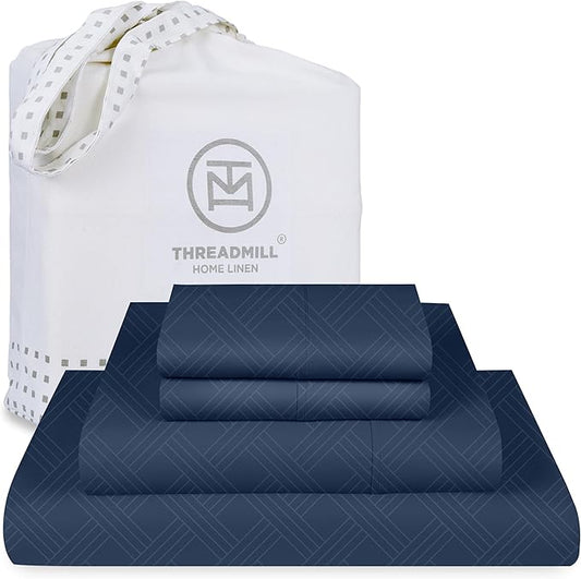 Threadmill California King Size Sheets | 800 Thread Count Jacquard Folkstone Blue | 4 Piece Striped Bed Sheets | Extra Long Staple Cotton Sheets | Luxury Damask Sheet with Elasticized Deep Pocket
