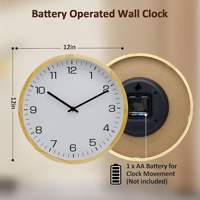 MEIRED Wooden Wall Clock 12 Inch Silent Non Ticking Wall Clocks Battery Operated Wood Analog Retro Round Clock Decorative for Kitchen,Home,Living Room,Classroom, Log White
