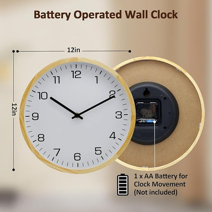 MEIRED Wooden Wall Clock 12 Inch Silent Non Ticking Wall Clocks Battery Operated Wood Analog Retro Round Clock Decorative for Kitchen,Home,Living Room,Classroom, Log White