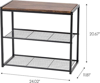 IRIS USA 3-Tier Shoe Rack, Up to 6 Pairs, Shoe Bench for Front Door Entrance, Entryway, Mudroom Bench, Shoe Organizer for Closet, Shoe Storage Shelf, Modern Wood and Metal Shoe Rack Bench