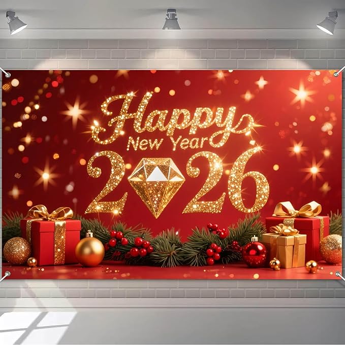 2026 Happy New Year Backdrop Gold Diamond Glitter Banner Red Background with Gift Boxes Party Decoration Photography Background 71x43 Inches New Year Eve Celebration Decor
