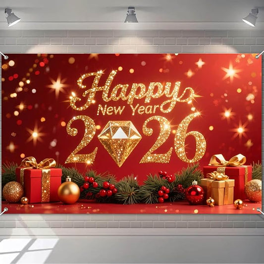 2026 Happy New Year Backdrop Gold Diamond Glitter Banner Red Background with Gift Boxes Party Decoration Photography Background 71x43 Inches New Year Eve Celebration Decor