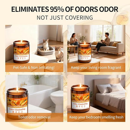 Sweet Orange Bergamot Odor Eliminating Candles | Eliminates 95% of Pet, Smoke & Bathroom Odors – 7oz Hand Poured Non-Toxic Soy Candle - Air Freshing Scented Candle Gifts for Positive & Relaxation