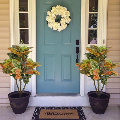 2PCS Artificial Croton Plant, Faux Fiddle Leaf fig Tree,Artificial Trees for Home Decor,Floor Plant,Front Porch Plants with Plastic Pot, Faux Ficus Lyrata Tree,35inch