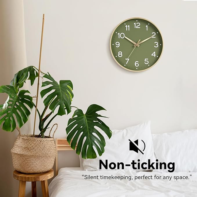 Wall Clock Green, 10 Inch Silent Wall Clocks Battery Operated-Modern Non Ticking Analog Clock Decorative for Kitchen Bedroom Office Bathroom(Gold)