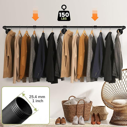 Industrial Pipe Clothing Rack, 66.1" Wall Mounted Clothes Rack Set of 2, Heavy Duty Closet Rod for Hanging Clothes, Space-Saving Detachable Iron Wall Garment Bar 3 Base