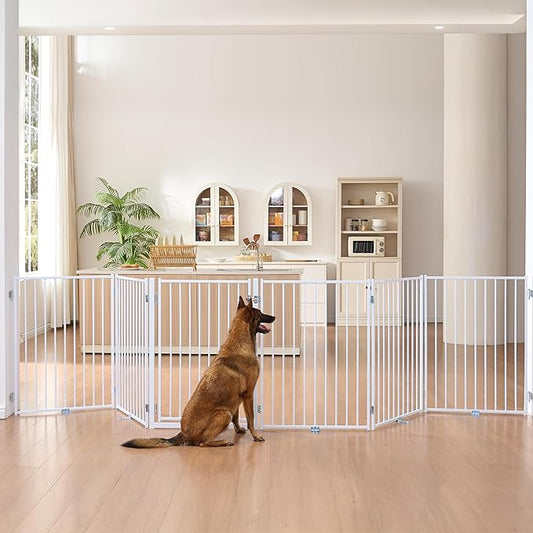 No Pawblems Free Standing Dog Gate with Door, 36'' Tall Foldable Dog Fence for Indoor & Outdoor, Up to 156 Inch Extra Wide Puppy Gate for Stairs, Hallways, Doorways, Deck, Yard (White, 6 Panels)