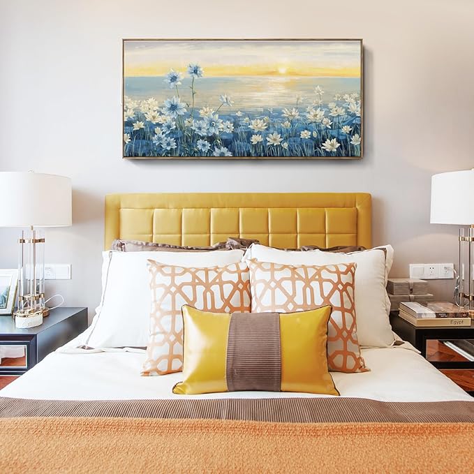 amatop Extra Large Wall Art for Living Room Modern Framed Coastal Beachy Canvas Wall Art Big Floral Sunrise Blue Wall Picture Oversized Lake Nature Sunset Artwork for Office Bedroom Decor 58"x29"