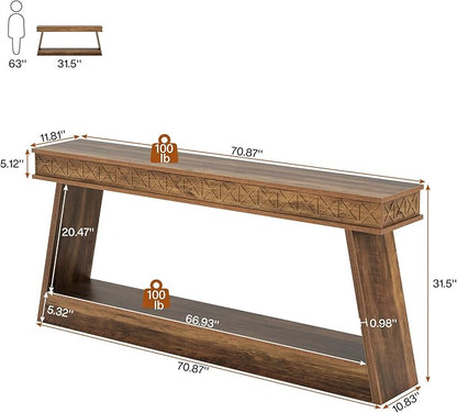 Tribesigns Farmhouse Console Table, 70.9-Inch Extra Long Entryway Table with Storage, 2-Tier Narrow Sofa Table Behind Couch, Wooden Accent Table for Living Room, Hallway, Foyer, Rustic Brown