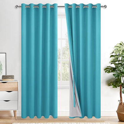XWZO 100% Blackout Curtains 84 Inches Long with Tiebacks- Privacy Protection & Noise Blocking Window Draperies Grommet Top with Black Liner for Bedroom/Living Room, Turquoise, W60 x L84, Set of 2