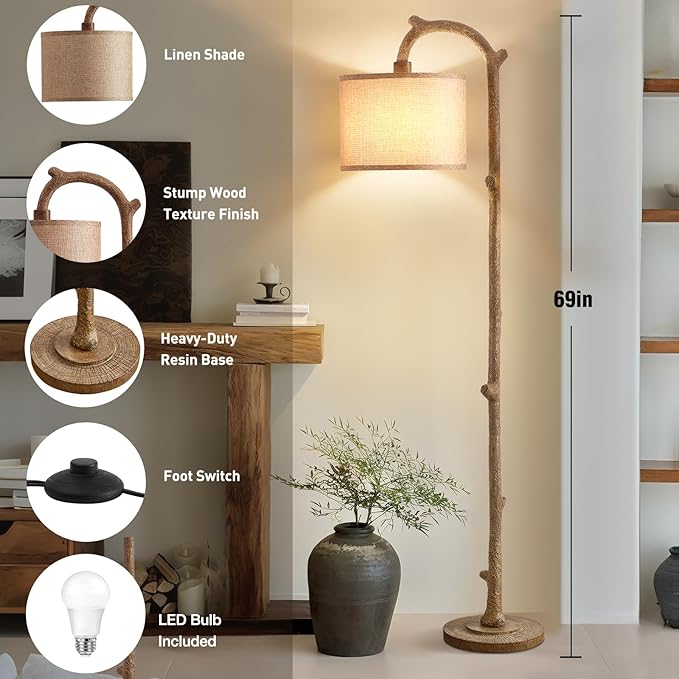 Floor Lamp for Bedroom - 69" Rustic Farmhouse Tall Lamp with 3 Color Temperatures- Country Resin Vintage Reading Light Standing Lamps for Living Room Office Classroom Home Decor, Bulbs, Brown