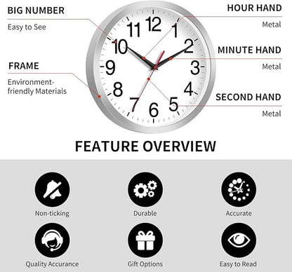 Wall Clock Modern 10 Inch Battery Operated Silent Non Ticking Analog Clock Decorative for Bedroom Kitchen Bathroom Office Home Living Room (Silver)