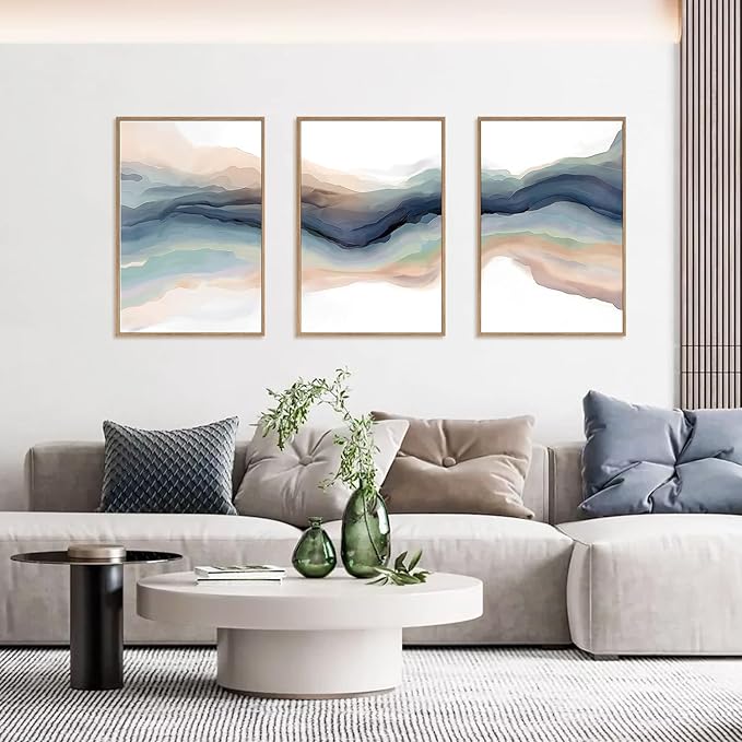 HLNIUC Blue Abstract Wall Art, Watercolor Line 16"x24" Framed Art Set of 3, Modern Wave Canvas Wall Decor, Natural Landscape Paint Stroke Prints for Living Room, Bedroom, Office