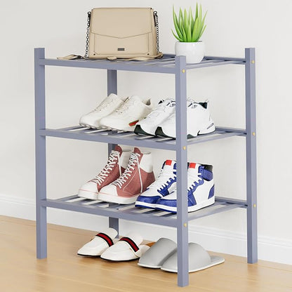 Smiry Shoe Rack, 3 Tier Small Bamboo Shoe Organizer, Stackable Free Standing Wooden Shoe Storage Shelf for Closet, Entryway, Front Door Entrance, Grey