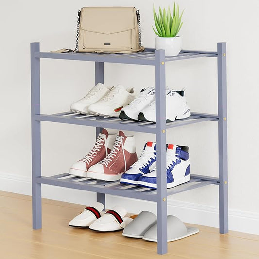 Smiry Shoe Rack, 3 Tier Small Bamboo Shoe Organizer, Stackable Free Standing Wooden Shoe Storage Shelf for Closet, Entryway, Front Door Entrance, Grey