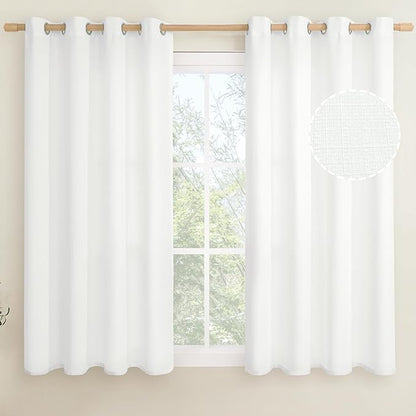 LAMIT White Linen Curtains for Bedroom 45 inch Length 2 Panels, Linen Textured Thermal Insulated Curtains Burlap Privacy Grommet Window Drapes for Living Room/Farmhouse, Set of 2 Panels, W52 x L45