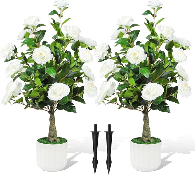 32'' Artificial Camellia Tree Outdoor Set of 2 Realistic Camellia Plant Indoor with Planters and Spikes for Wedding Front Porch Patio Office Living Room Home Decor