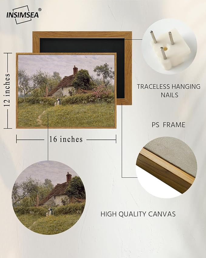 InSimSea Framed Canvas Wall Art Vintage Decor, Landscape Art Prints, Old Cottages Countryside Paintings Wall Decor, Rustic Farmhouse Picture for Bedroom Living Room Bathroom, 12"x16"