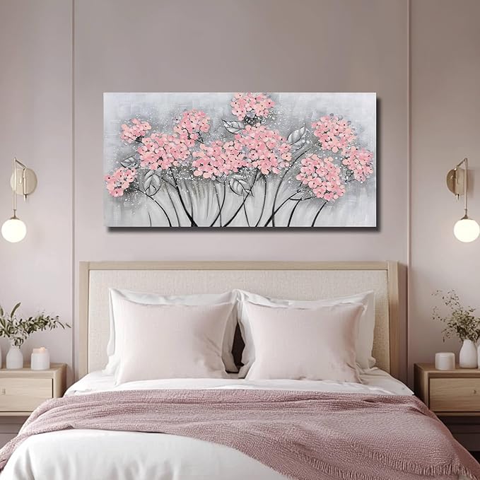 SOUGUAN Flower Wall Decor/Living Room Decorations/Pink Modern Artwork/Hand Painted Botanical Paintings for Bedroom Kitchen Home Office 20"x 40"