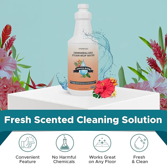 Steam & Go Demineralized Water Cleaning Solution for Floor & Multi-Surface Steam Cleaners - Compatible for All Steam Mops - Tropical Bloom Scent, 32 oz