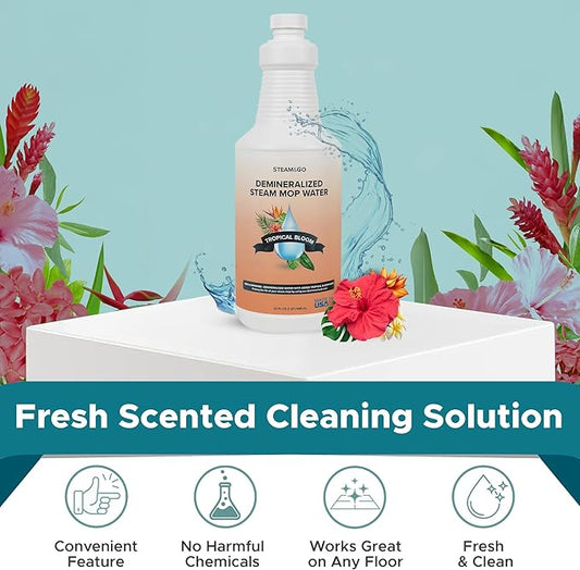 Steam & Go Demineralized Water Cleaning Solution for Floor & Multi-Surface Steam Cleaners - Compatible for All Steam Mops - Tropical Bloom Scent, 32 oz