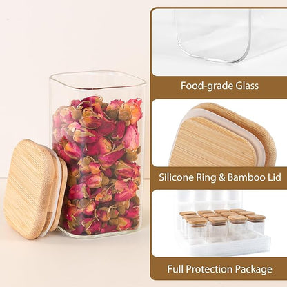 12 Pack 8 oz Square Glass Spice Jars with Lids and Labels – Airtight Small Spice Containers Set, Clear Glass Storage Jars for Seasoning, Spices, Kitchen Pantry Organization