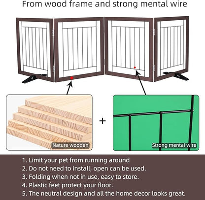ZJSF Freestanding Dog Gate Indoor, Foldable Dog Fence for Doorways,Hallways or Stairs, Sturdy Wood Extra Wide Pet Gate with Support Feet,Brown,24 "Height-4 Panels
