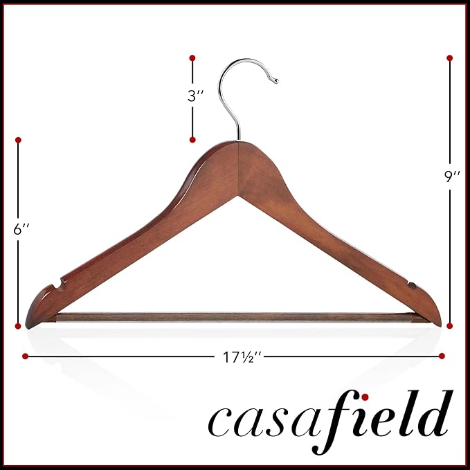 Casafield - 10 Walnut Wooden Suit Hangers - Premium Lotus Wood with Notches & Chrome Swivel Hook for Dress Clothes, Coats, Jackets, Pants, Shirts, Skirts