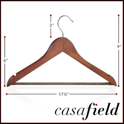 Casafield - 20 Walnut Wooden Suit Hangers - Premium Lotus Wood with Notches & Chrome Swivel Hook for Dress Clothes, Coats, Jackets, Pants, Shirts, Skirts