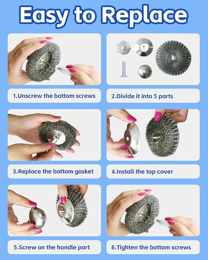 2 Pack Stainless Steel Wool Scrubber with Handle, 4 Replacement Steel Scrubber Wool Pads, Scrubbing Scouring Brush Pads for Cleaning Dishes, Stoves, Kitchen Pots, Pans