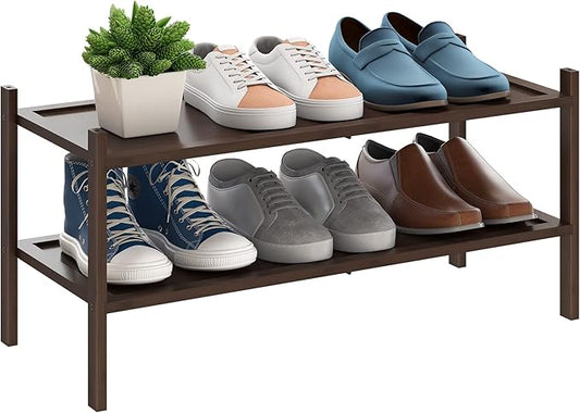 BMOSU 2-Tier Bamboo Shoe Rack Premium Stackable Shoe Shelf Storage Organizer for Hallway Closet Living Room Entryway Organizer(Brown)