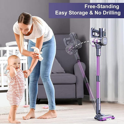 Lubluelu Cordless Vacuum Cleaner, Stick Vacuum Cordless Rechargeable with Lightweight 235W Brushless Motor, Self-Standing and Handheld Design for Carpet, Hard Floor and Pet Hair (Purple)