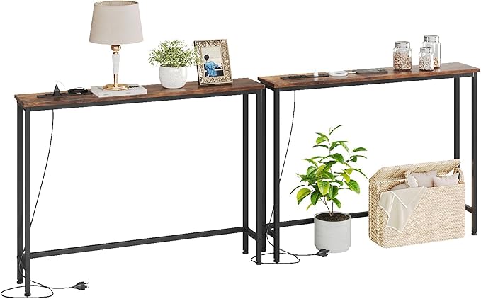 VERMESS 2 Pack Sofa Table with Power Outlets for Entryway, 39 inch Long Behind Couch Table with Metal Frame and 6.5’ Extension Cord for Hallway, Foyer, Living Room, Rustic Brown