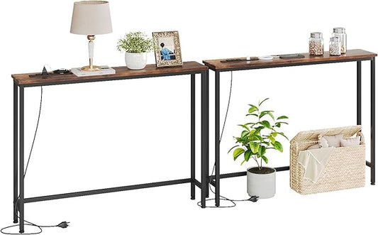 VERMESS 2 Pack Sofa Table with Power Outlets for Entryway, 39 inch Long Behind Couch Table with Metal Frame and 6.5’ Extension Cord for Hallway, Foyer, Living Room, Rustic Brown