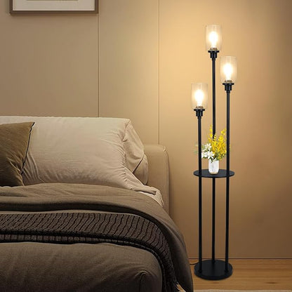 HMVPL Floor Lamps for Living Room, 3-Lights Modern Floor Lamp with Shelves, Farmhouse Standing Lamp with Glass Shades, On/Off Foot Switch, Black Industrial Tall Lamp for Bedroom Office Corner(66")
