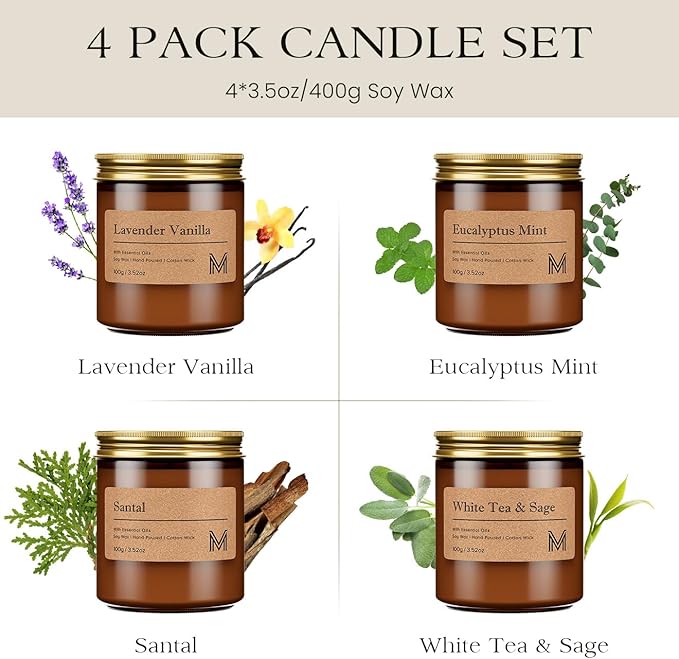 M&SENSE 4 Pack Christmas Candle Gift Set, Aromatherapy Candle Gift for Men and Women, Soy Wax Candles Home Scented, Long Lasting Amber Jar Xmas Candles for Christmas, Thanksgiving, Holiday