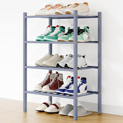 Smiry Shoe Rack, 4 Tier Small Bamboo Shoe Organizer, Stackable Free Standing Wooden Shoe Storage Shelf for Closet, Entryway, Front Door Entrance, Grey